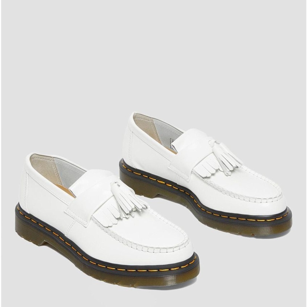 Dr Martens Adrian Yellow Stitch White Leather Tassel Loafers